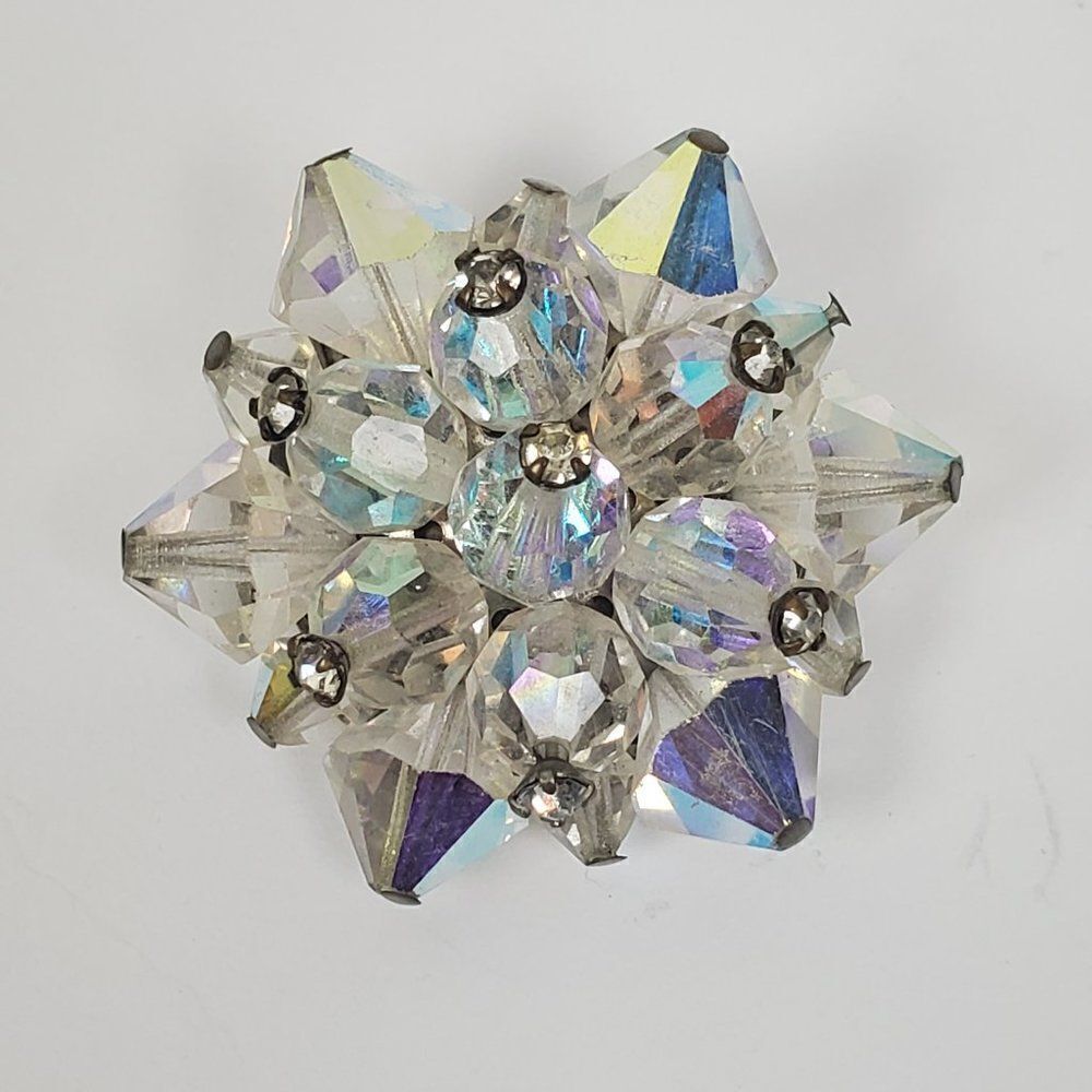 Vintage Aurora Borealis Clear AB Glass Beaded Cluster Silver Tone Brooch Pin‎